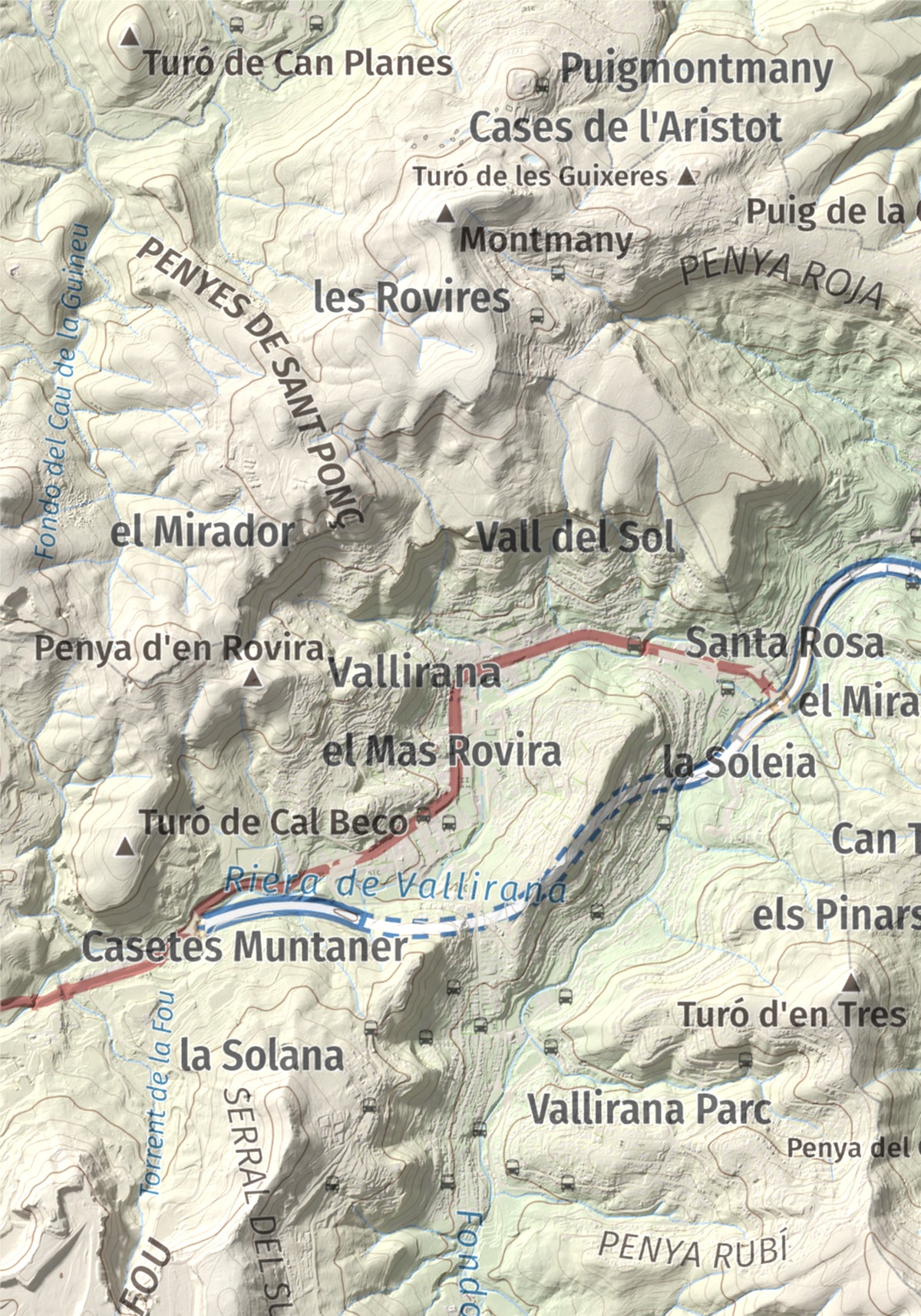 Mapa topográfico del relieve: Puig Vicenç, 468 m. Detalle de la zona superior izquierda. 21 × 30 cm.