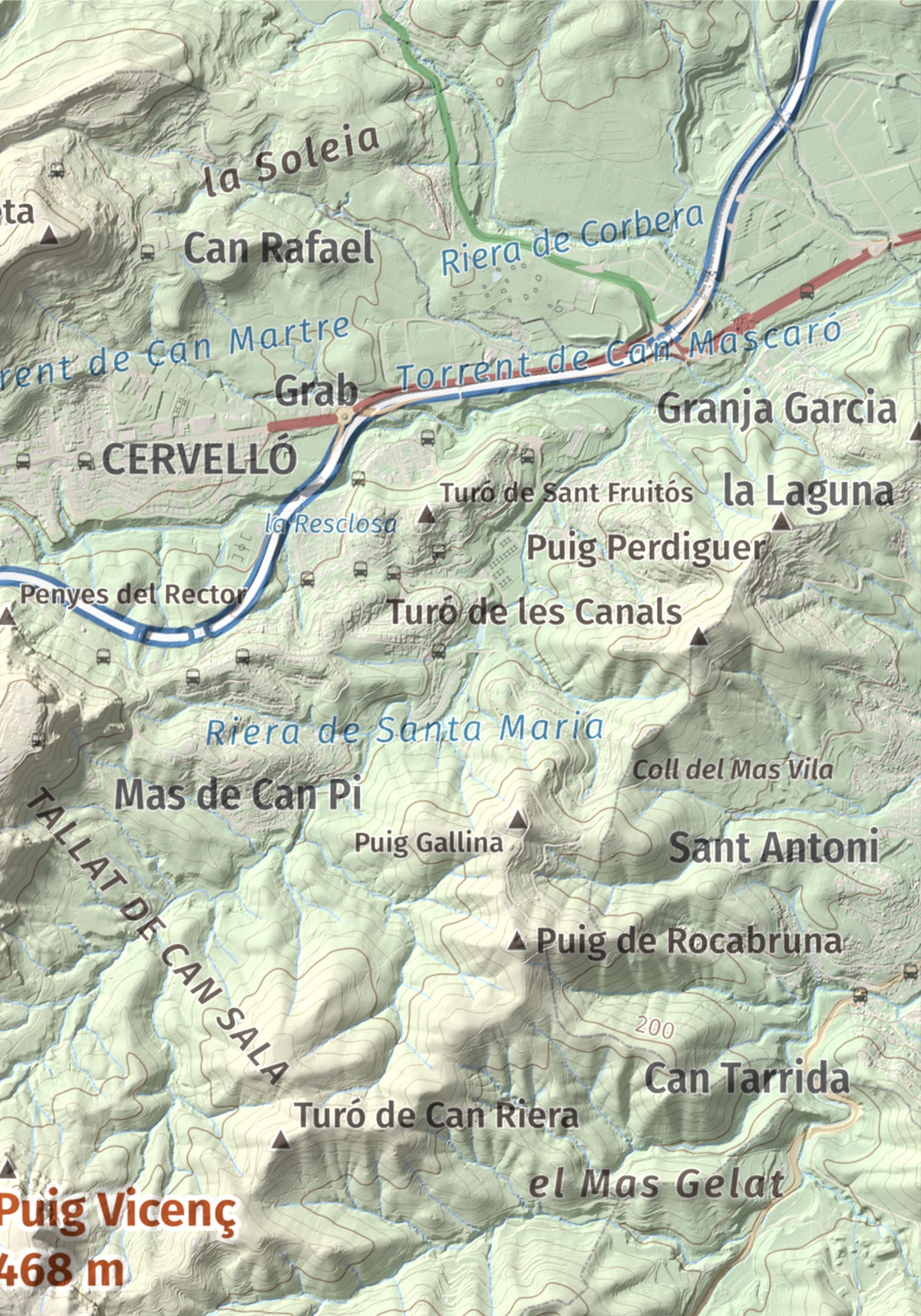 Mapa topográfico del relieve: Puig Vicenç, 468 m. Detalle de la zona superior derecha. 21 × 30 cm.