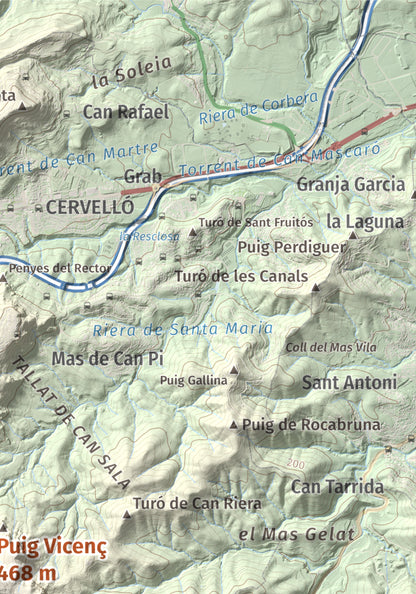 Mapa topográfico del relieve: Puig Vicenç, 468 m. Detalle de la zona superior derecha. 21 × 30 cm.