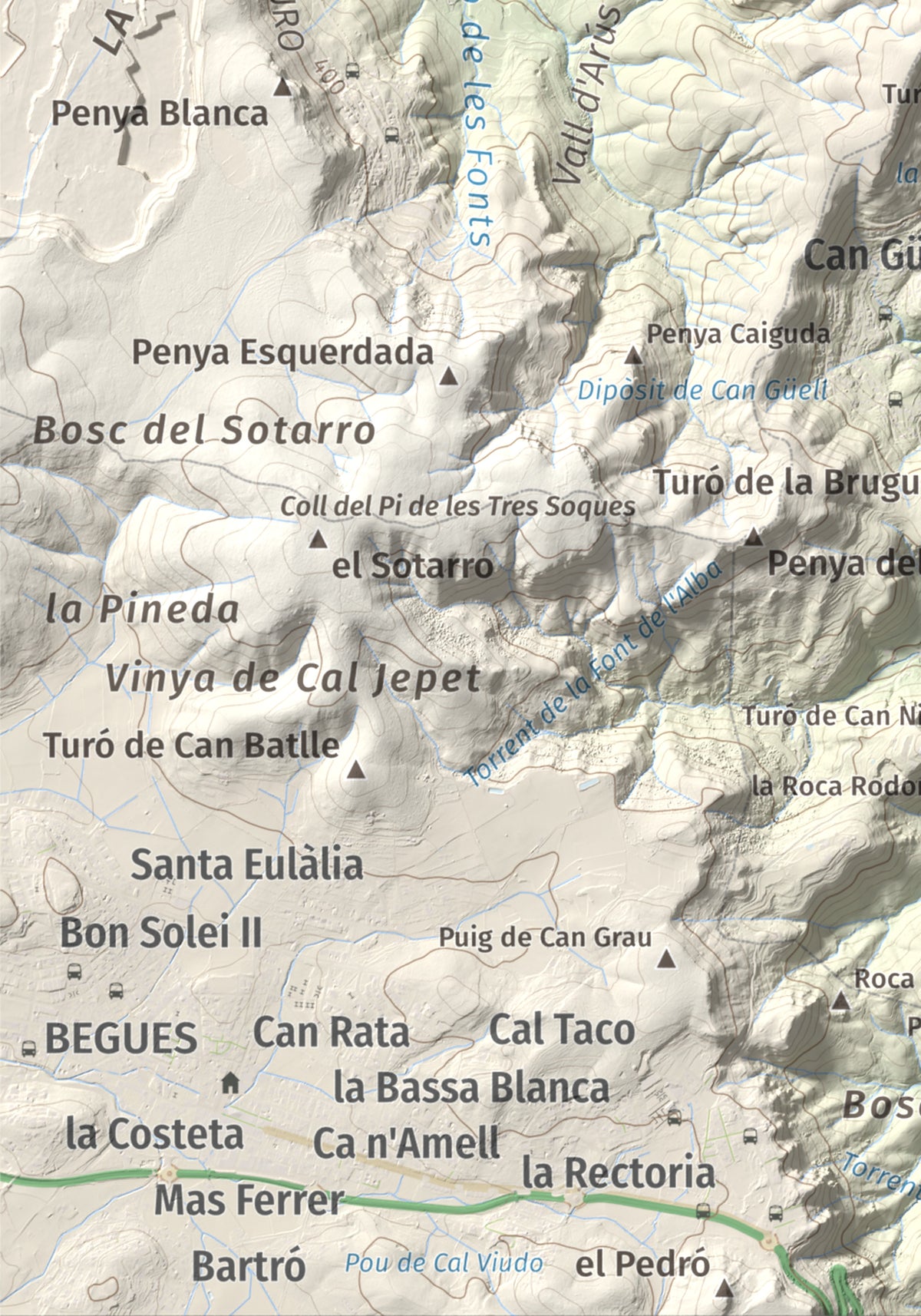 Mapa topográfico del relieve: Puig Vicenç, 468 m. Detalle de la zona inferior izquierda. 21 × 30 cm.