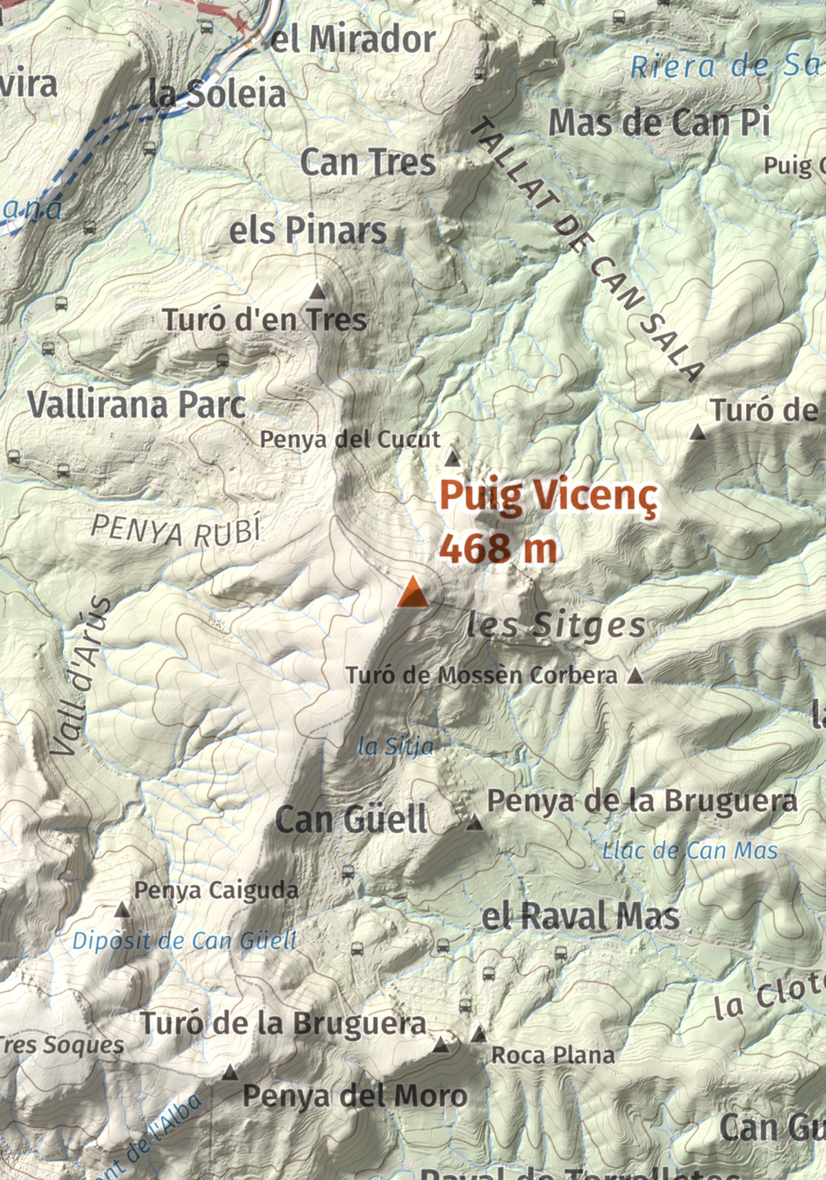 Mapa topográfico del relieve: Puig Vicenç, 468 m. Detalle de la zona central. 21 × 30 cm.
