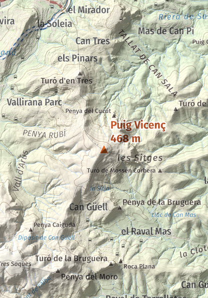 Mapa topográfico del relieve: Puig Vicenç, 468 m. Detalle de la zona central. 21 × 30 cm.
