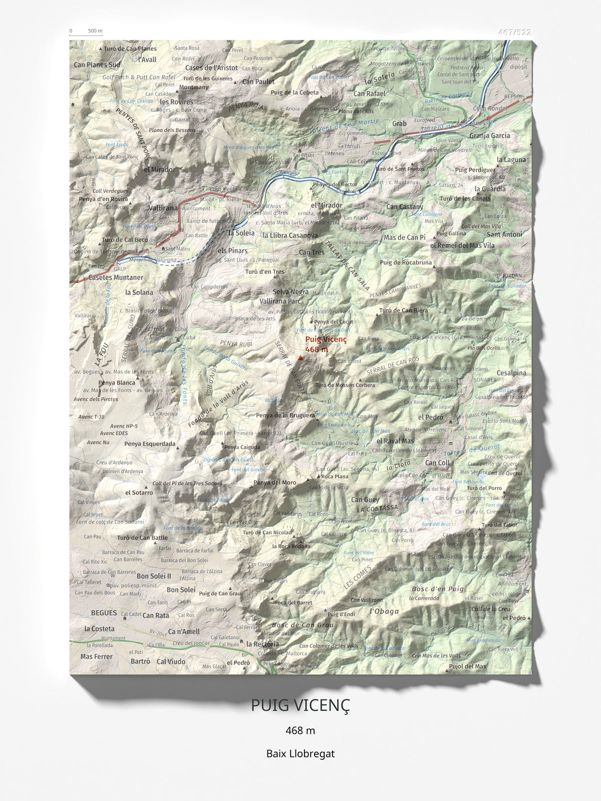 Mapa topográfico del relieve: Puig Vicenç, 468 m. Lámina completa. 30 × 40 cm.