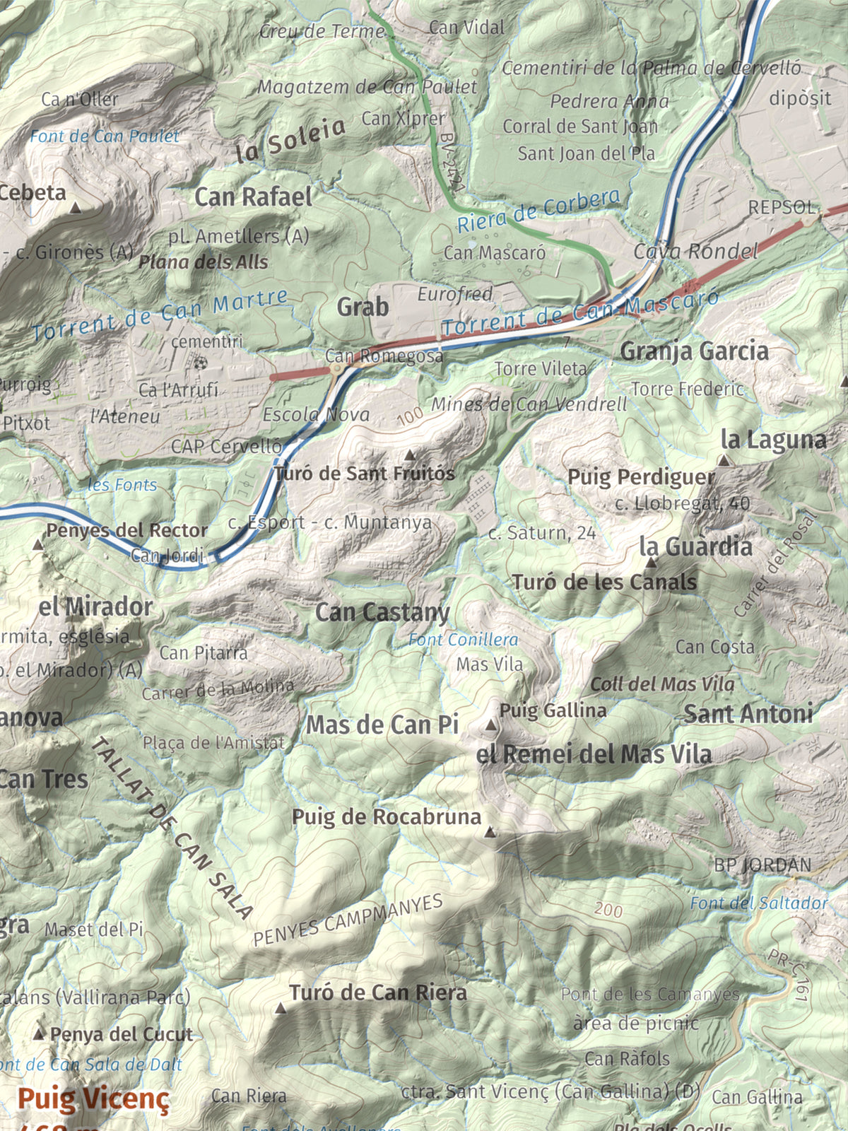 Mapa topográfico del relieve: Puig Vicenç, 468 m. Detalle de la zona superior derecha. 30 × 40 cm.
