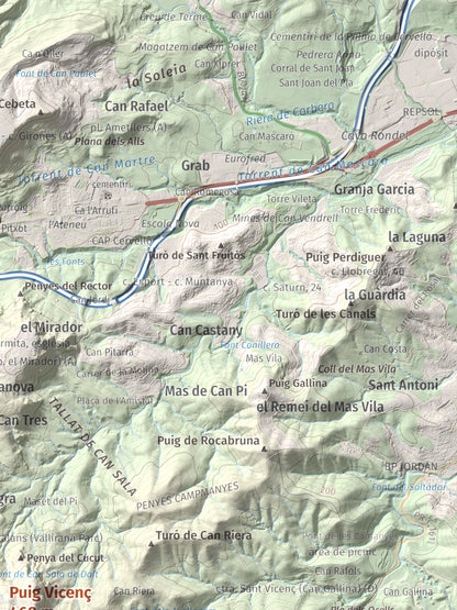 Mapa topográfico del relieve: Puig Vicenç, 468 m. Detalle de la zona superior derecha. 30 × 40 cm.