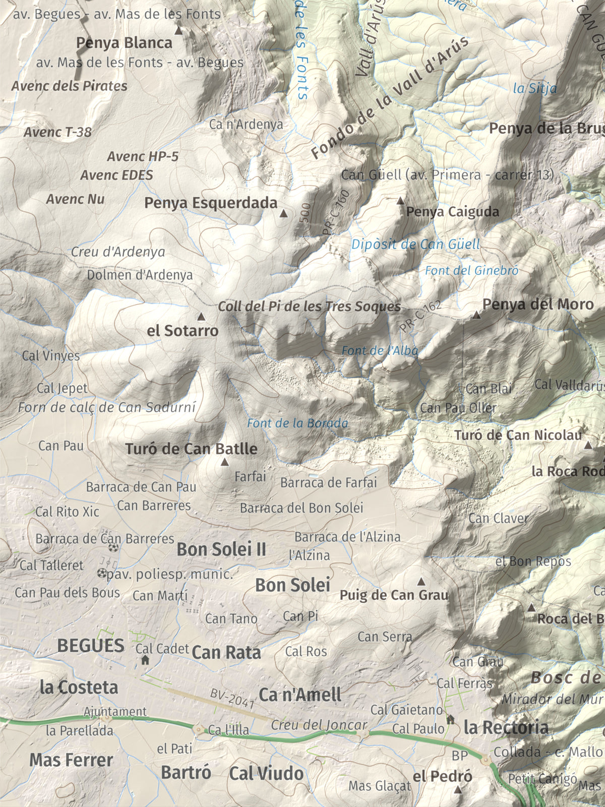 Mapa topográfico del relieve: Puig Vicenç, 468 m. Detalle de la zona inferior izquierda. 30 × 40 cm.