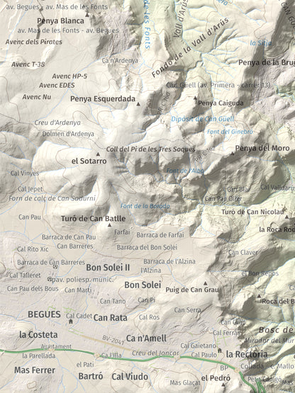 Mapa topográfico del relieve: Puig Vicenç, 468 m. Detalle de la zona inferior izquierda. 30 × 40 cm.