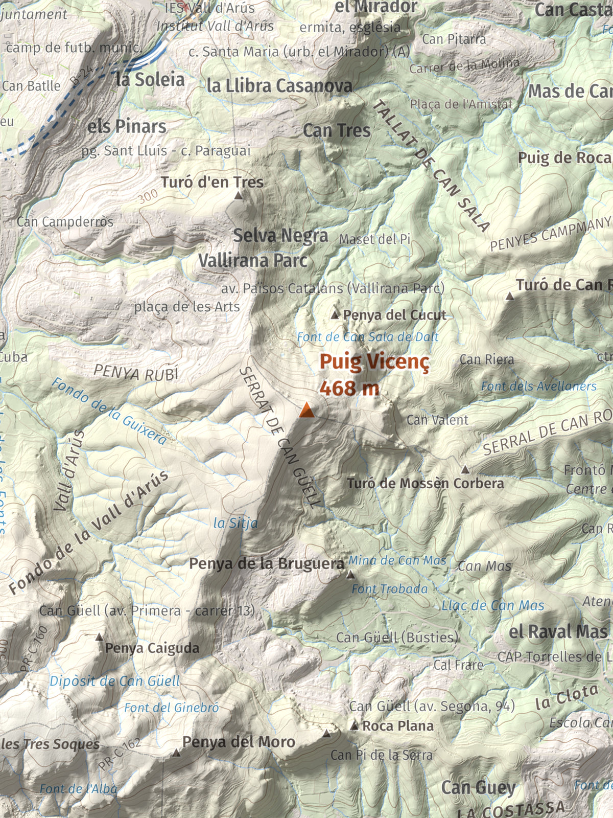 Mapa topográfico del relieve: Puig Vicenç, 468 m. Detalle de la zona central. 30 × 40 cm.
