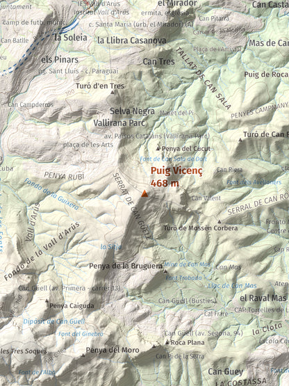 Mapa topográfico del relieve: Puig Vicenç, 468 m. Detalle de la zona central. 30 × 40 cm.