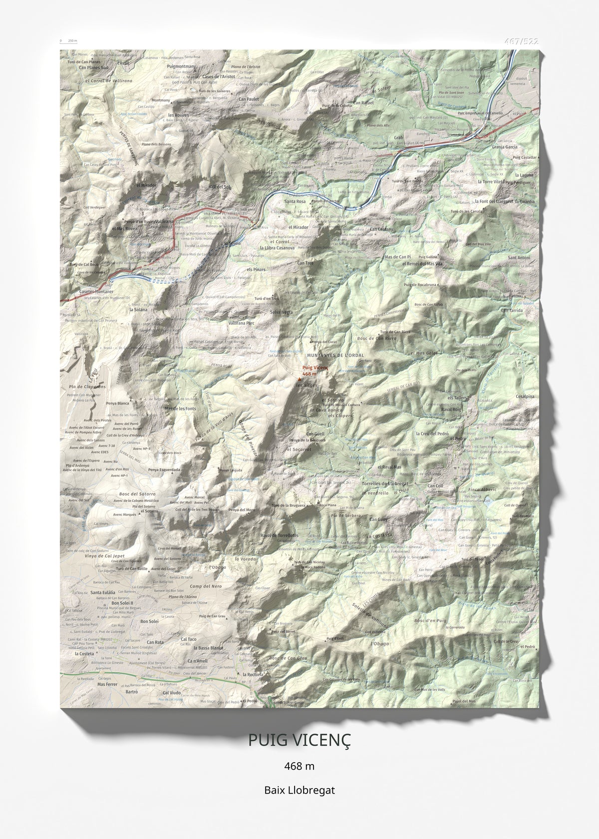 Mapa topográfico del relieve: Puig Vicenç, 468 m. Lámina completa. 50 × 70 cm.