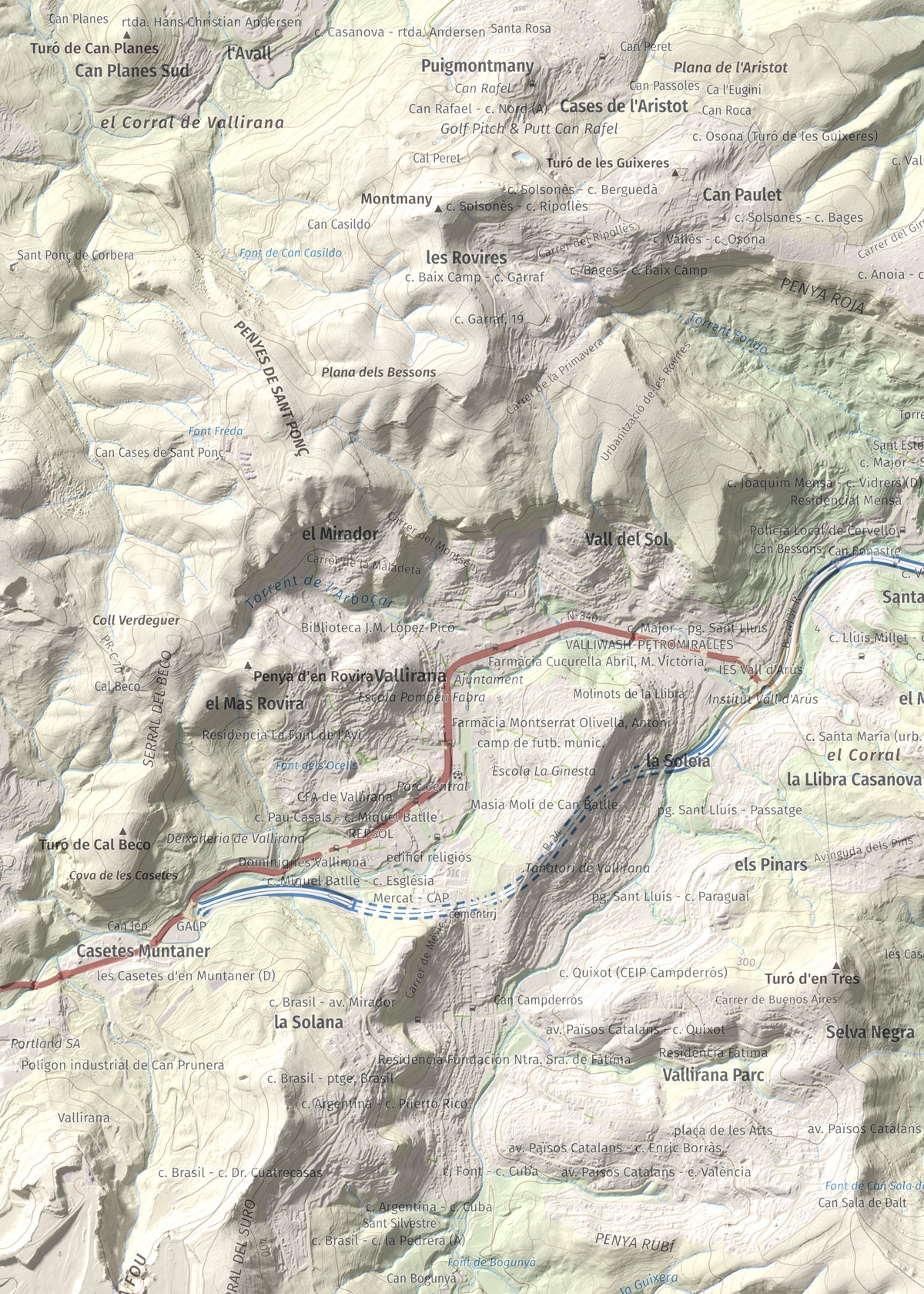Mapa topográfico del relieve: Puig Vicenç, 468 m. Detalle de la zona superior izquierda. 50 × 70 cm.