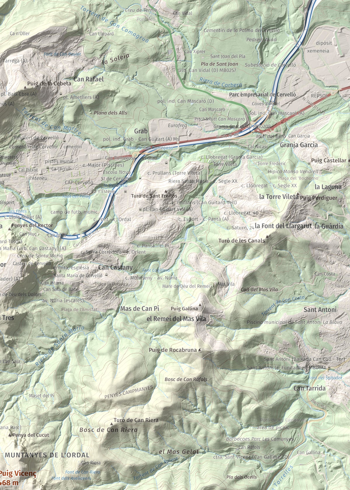 Mapa topográfico del relieve: Puig Vicenç, 468 m. Detalle de la zona superior derecha. 50 × 70 cm.
