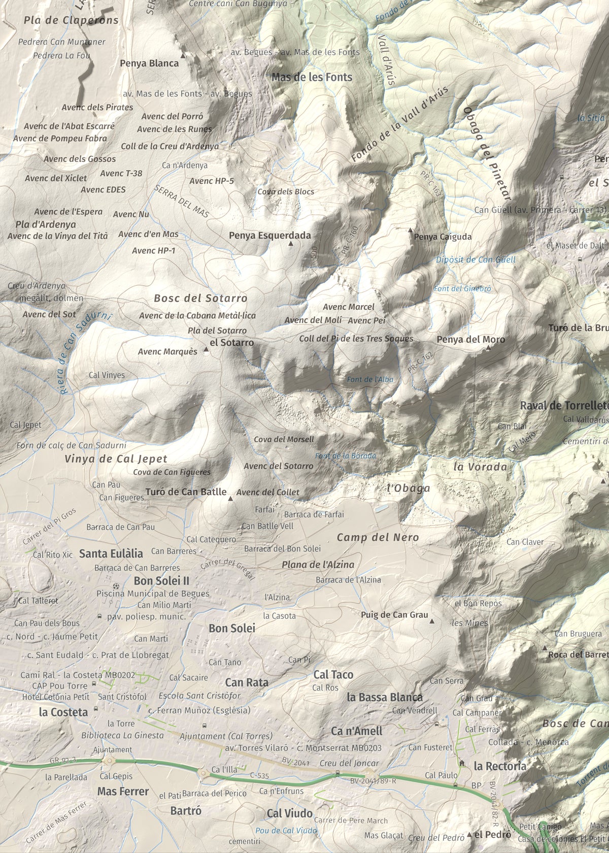 Mapa topográfico del relieve: Puig Vicenç, 468 m. Detalle de la zona inferior izquierda. 50 × 70 cm.
