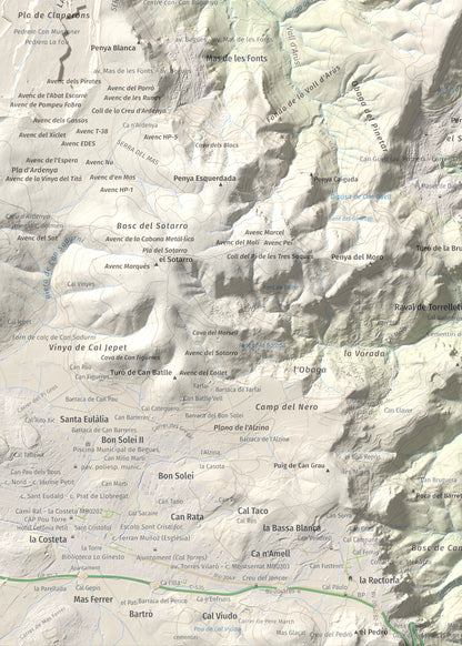 Mapa topográfico del relieve: Puig Vicenç, 468 m. Detalle de la zona inferior izquierda. 50 × 70 cm.