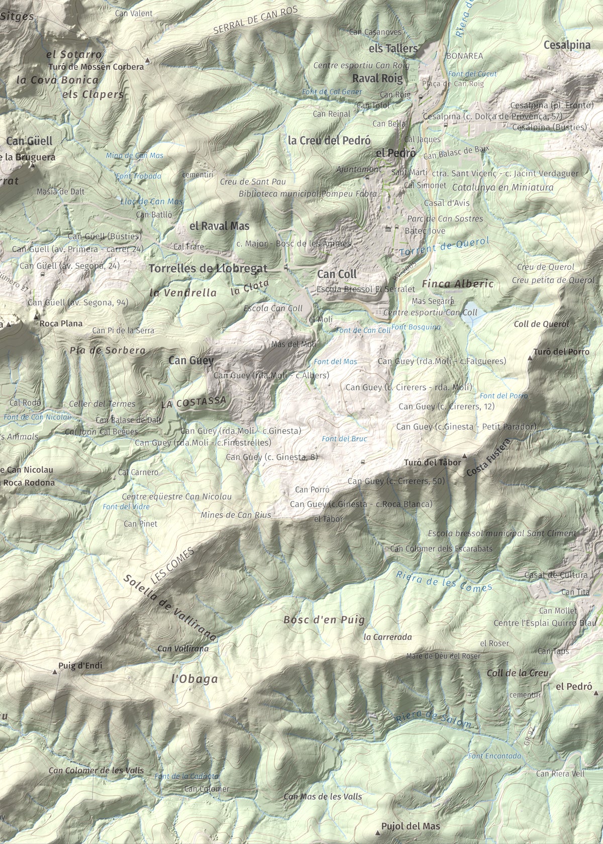 Mapa topográfico del relieve: Puig Vicenç, 468 m. Detalle de la zona inferior derecha. 50 × 70 cm.