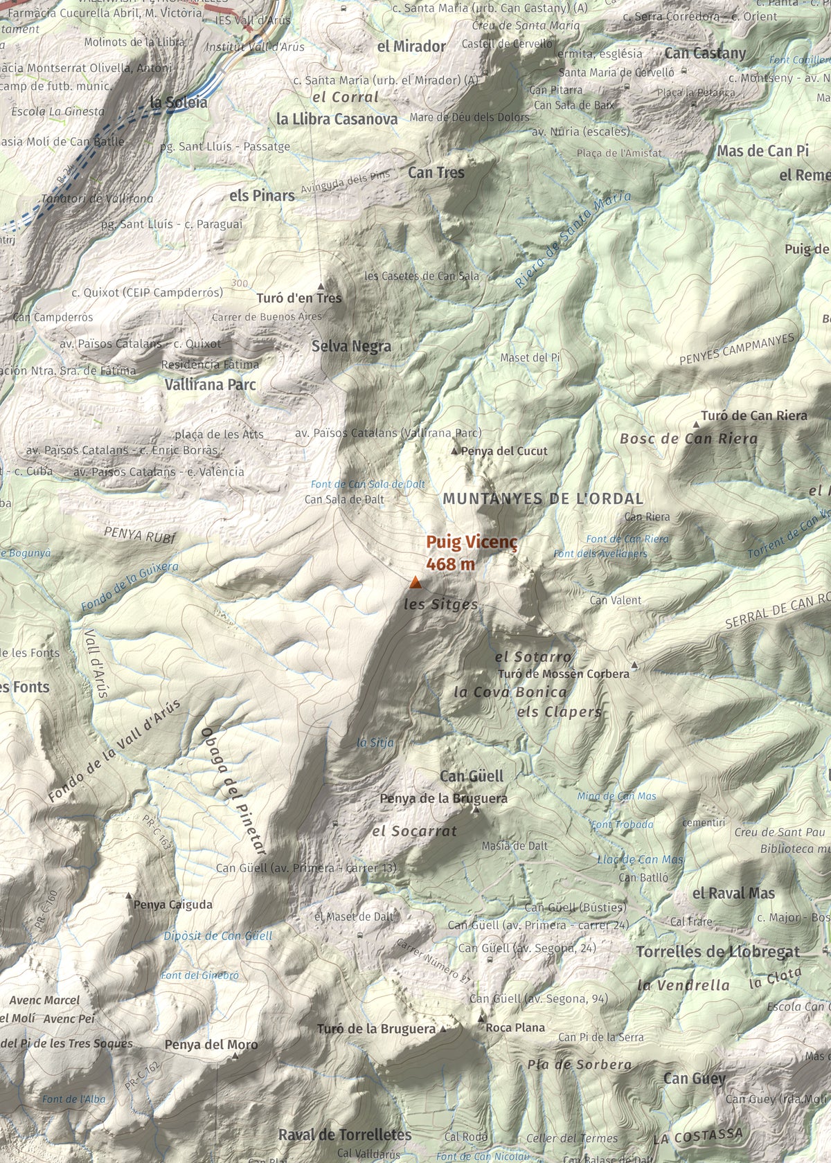 Mapa topográfico del relieve: Puig Vicenç, 468 m. Detalle de la zona central. 50 × 70 cm.