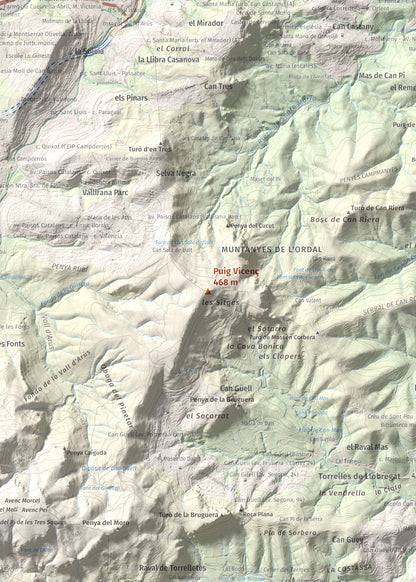 Mapa topográfico del relieve: Puig Vicenç, 468 m. Detalle de la zona central. 50 × 70 cm.