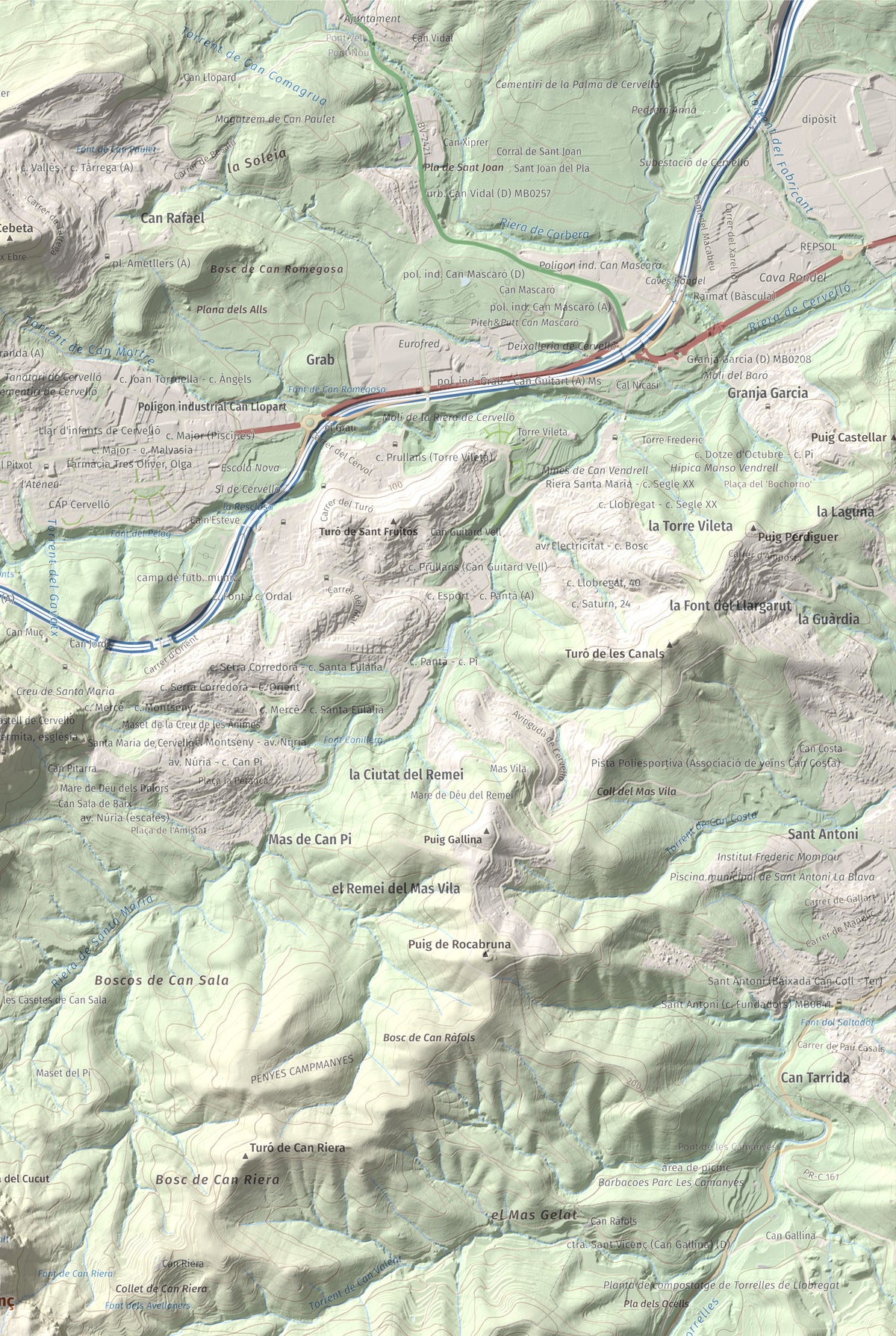 Mapa topográfico del relieve: Puig Vicenç, 468 m. Detalle de la zona superior derecha. 61 × 91 cm.