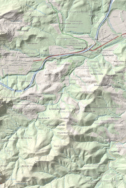 Mapa topográfico del relieve: Puig Vicenç, 468 m. Detalle de la zona superior derecha. 61 × 91 cm.