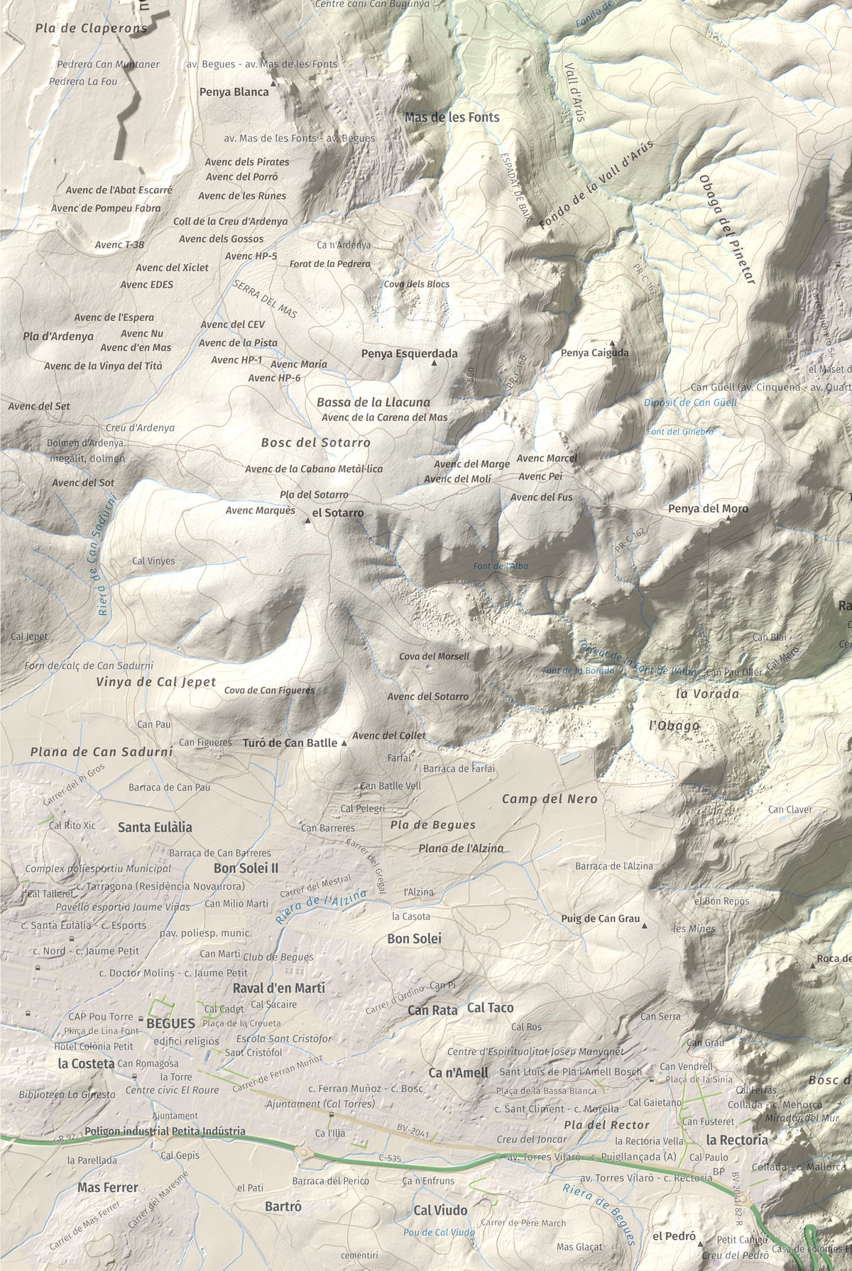Mapa topográfico del relieve: Puig Vicenç, 468 m. Detalle de la zona inferior izquierda. 61 × 91 cm.