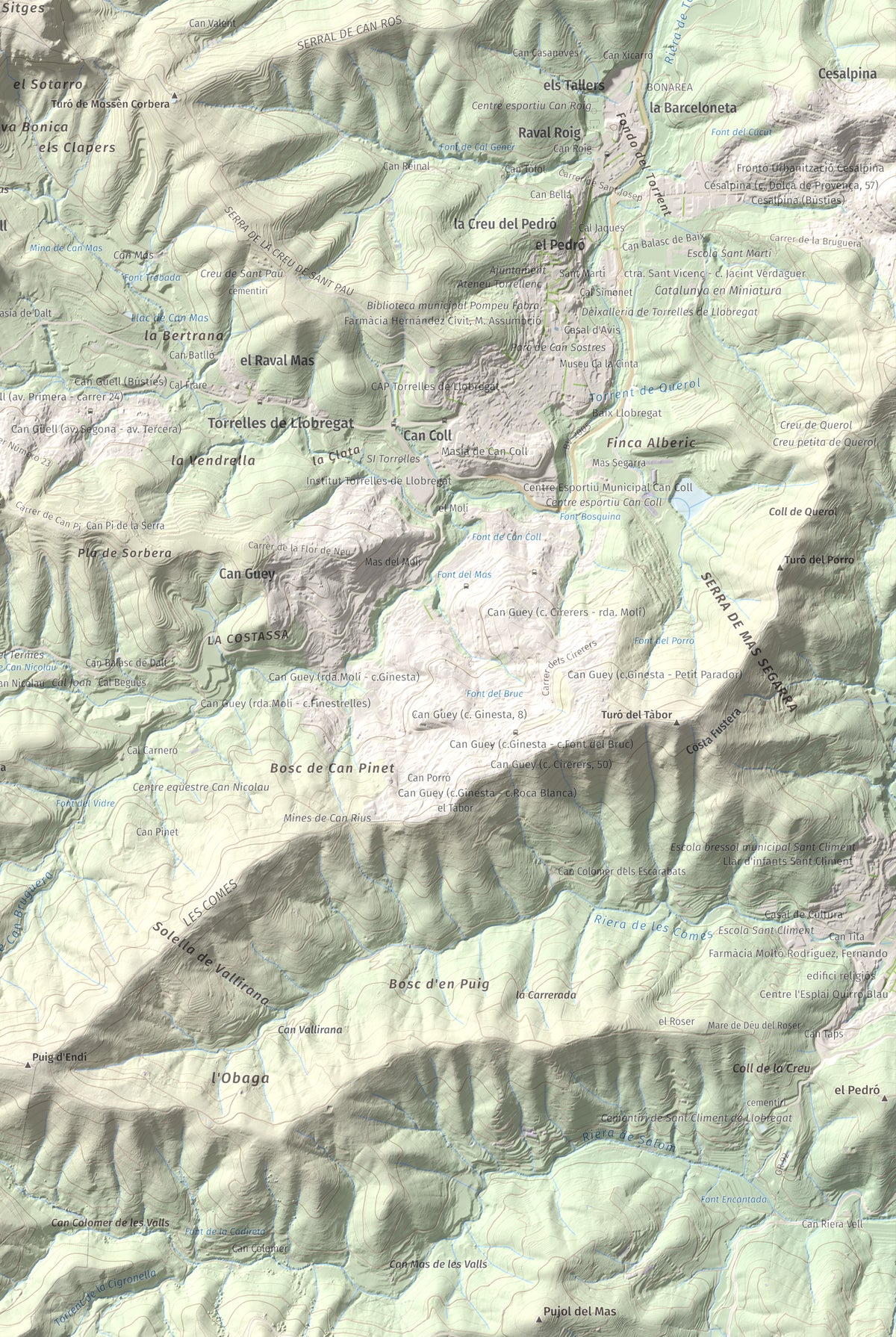 Mapa topográfico del relieve: Puig Vicenç, 468 m. Detalle de la zona inferior derecha. 61 × 91 cm.