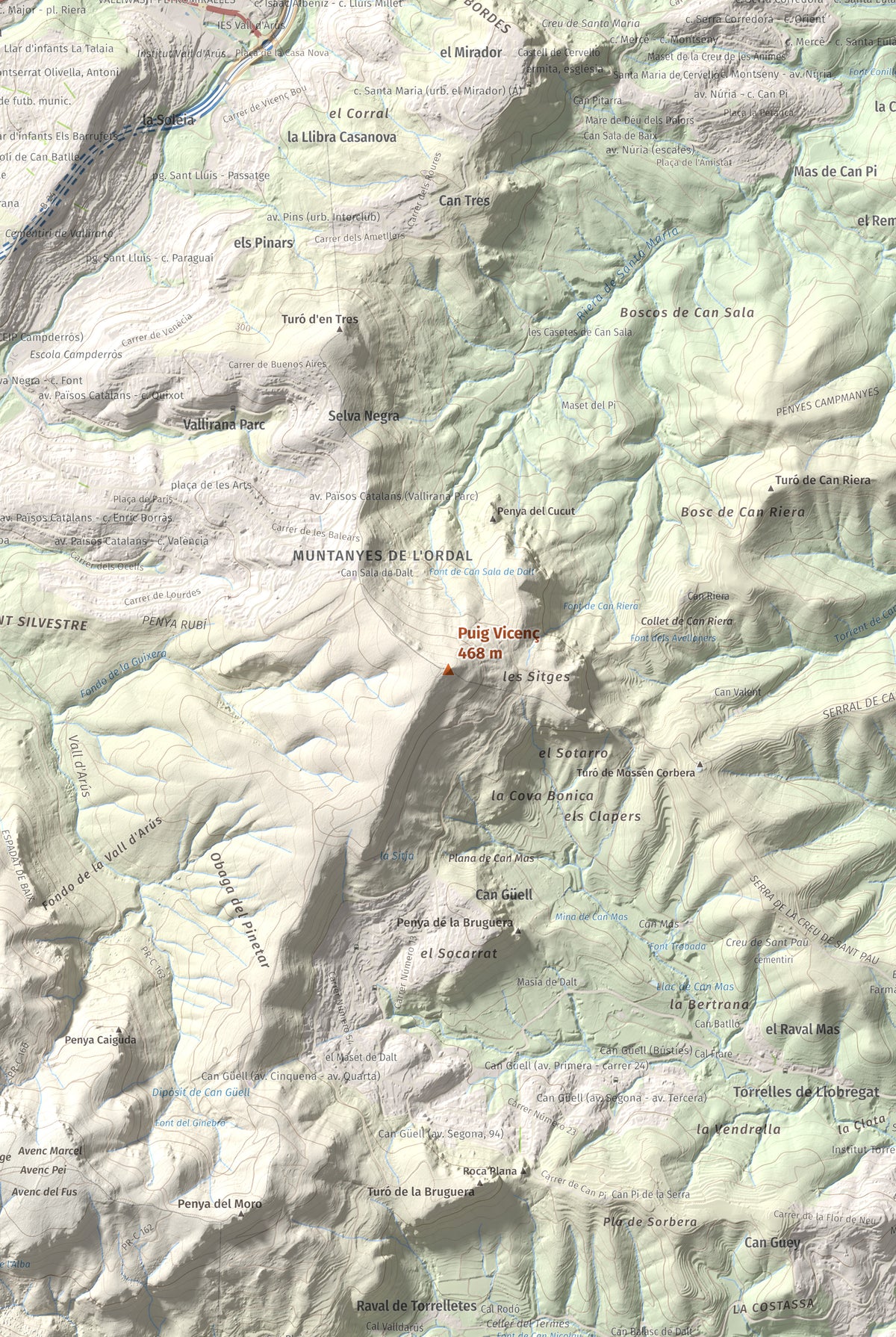 Mapa topográfico del relieve: Puig Vicenç, 468 m. Detalle de la zona central. 61 × 91 cm.