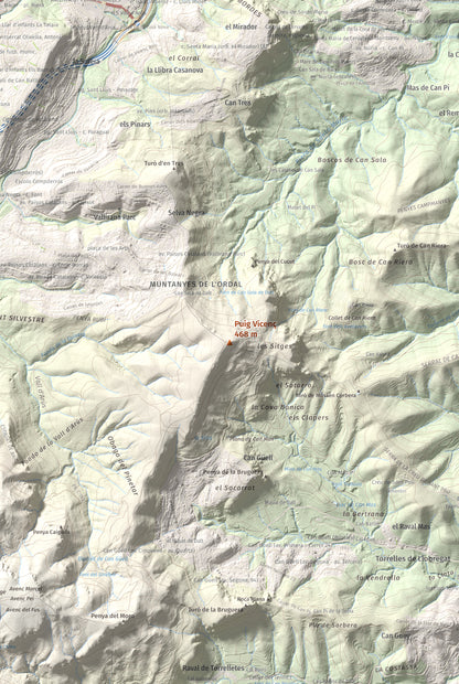 Mapa topográfico del relieve: Puig Vicenç, 468 m. Detalle de la zona central. 61 × 91 cm.