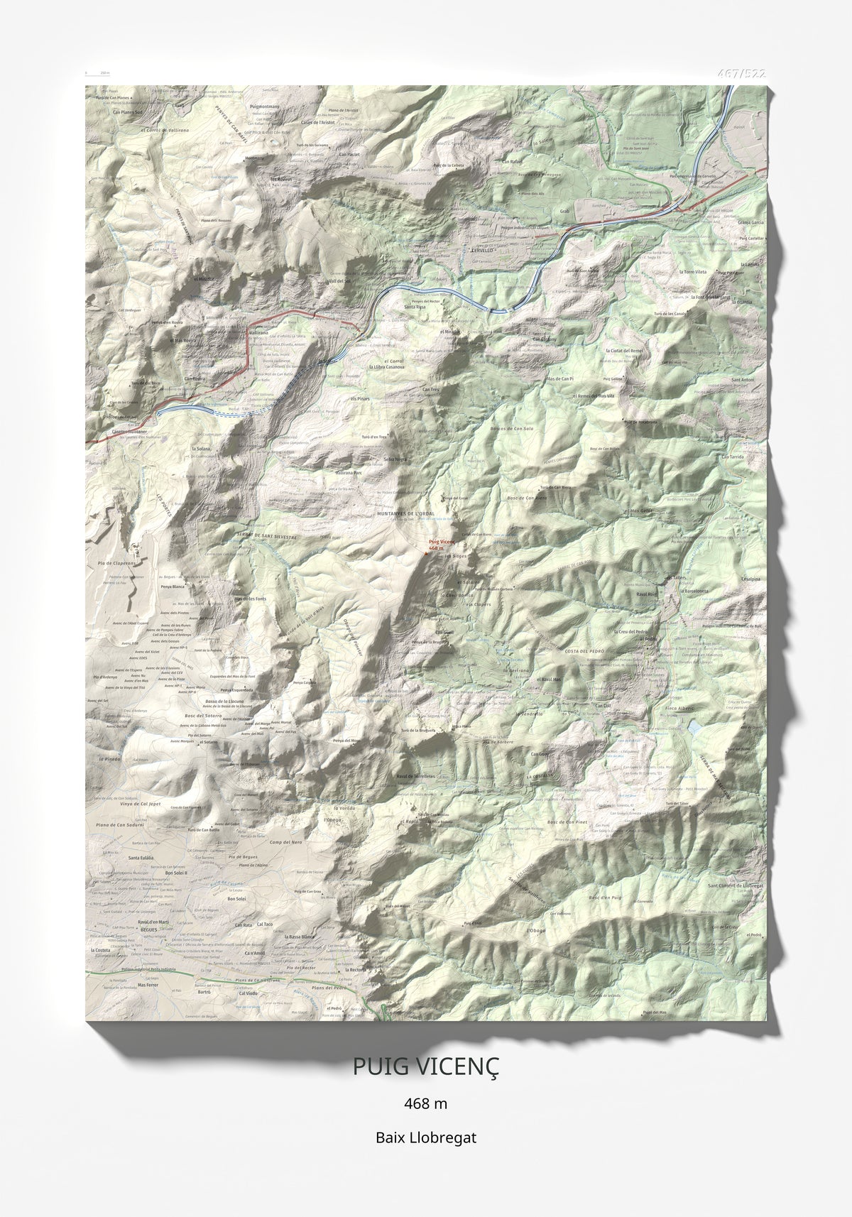 Mapa topográfico del relieve: Puig Vicenç, 468 m. Lámina completa. 70 × 100 cm.
