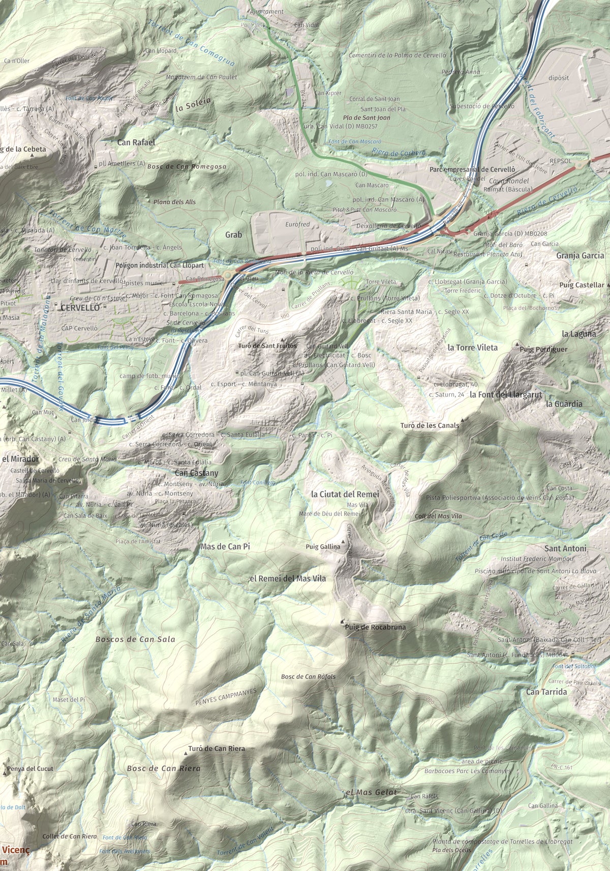 Mapa topográfico del relieve: Puig Vicenç, 468 m. Detalle de la zona superior derecha. 70 × 100 cm.