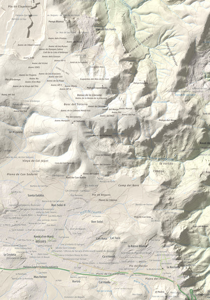 Mapa topográfico del relieve: Puig Vicenç, 468 m. Detalle de la zona inferior izquierda. 70 × 100 cm.