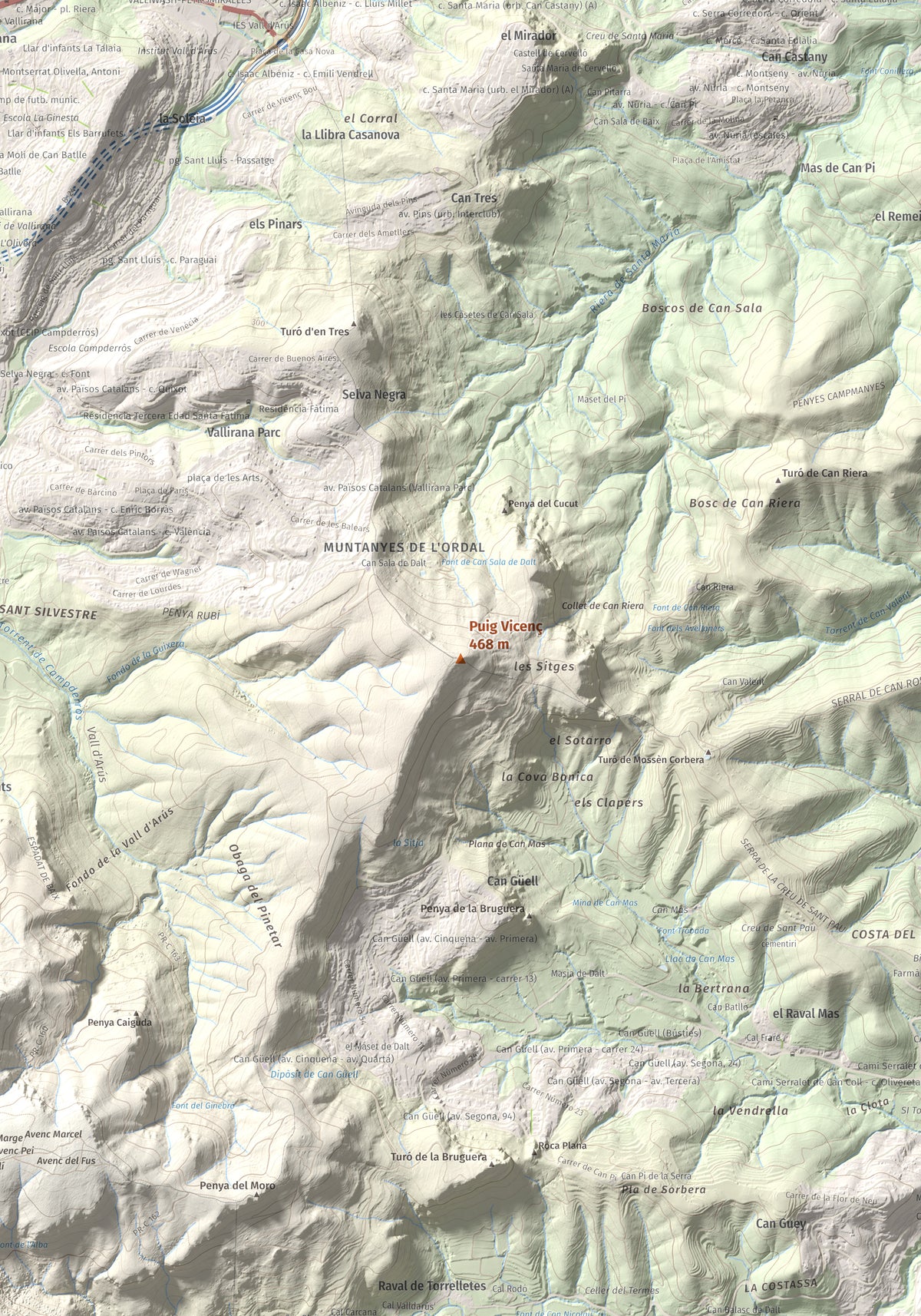 Mapa topográfico del relieve: Puig Vicenç, 468 m. Detalle de la zona central. 70 × 100 cm.