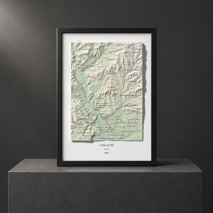 Mapa de relieve de Puig-alter, 522 m, Bages, lámina 100 Cims de Trobart. Presentación enmarcada. 21 × 30 cm.