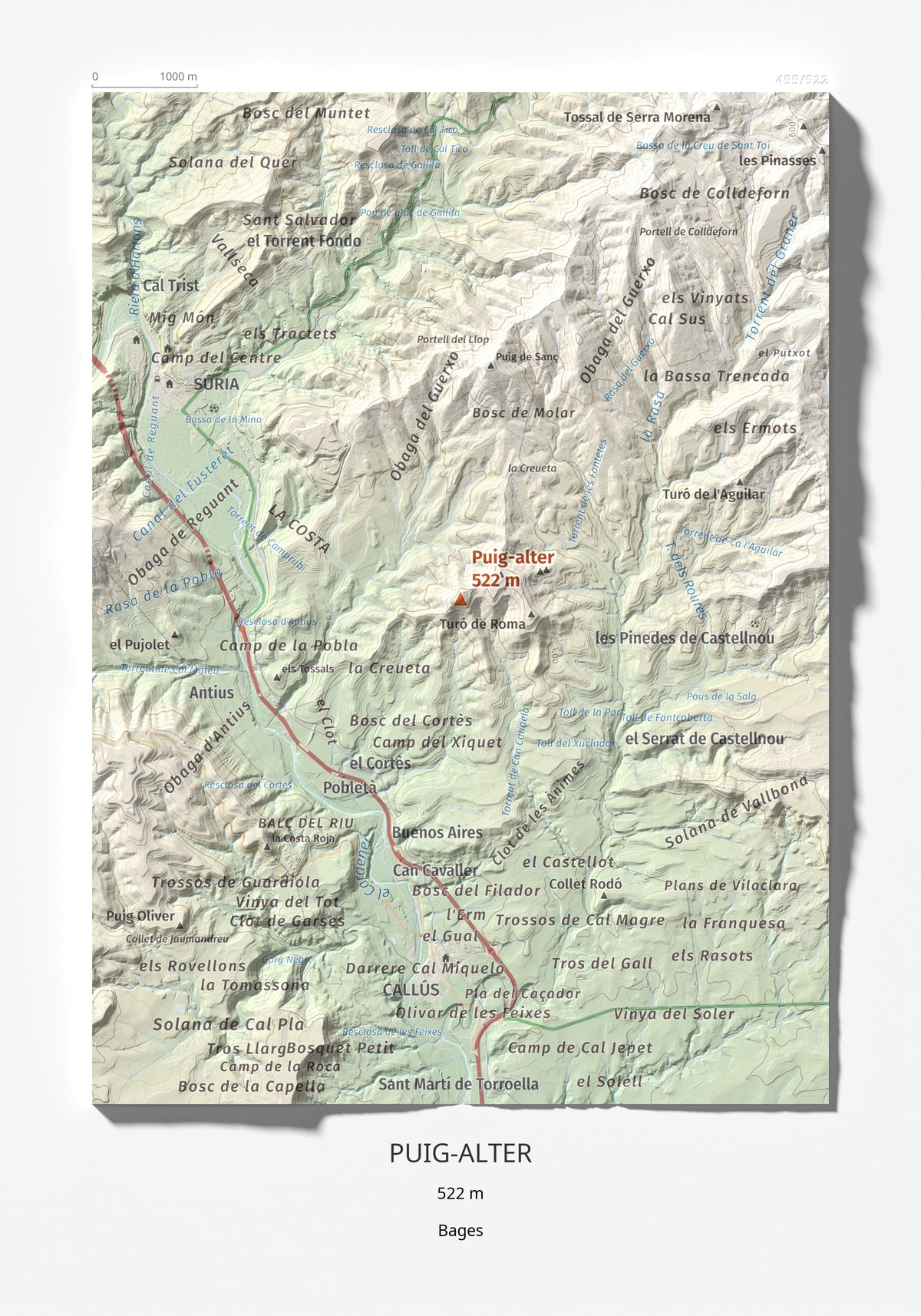 Mapa de relieve de Puig-alter, 522 m, Bages, lámina 100 Cims de Trobart 21 × 30 cm.