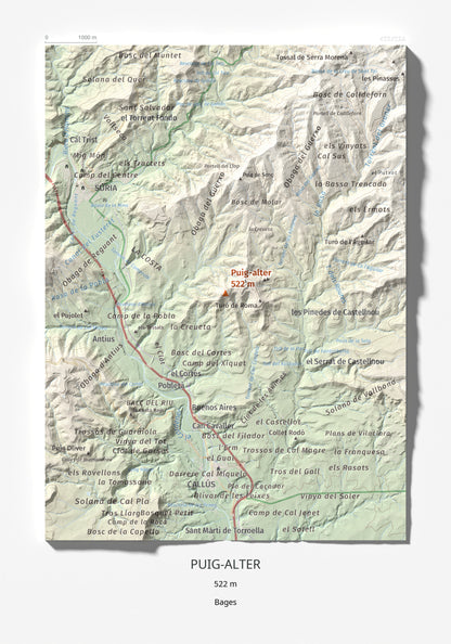 Mapa de relieve de Puig-alter, 522 m, Bages, lámina 100 Cims de Trobart 21 × 30 cm.