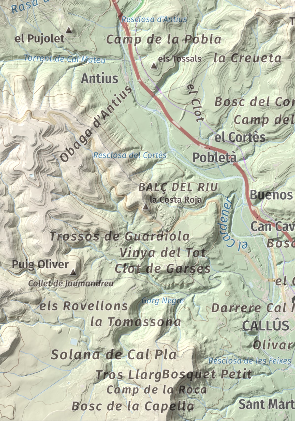 Mapa de relieve de Puig-alter, 522 m, Bages, lámina 100 Cims de Trobart. Detalle de la zona inferior izquierda. 21 × 30 cm.