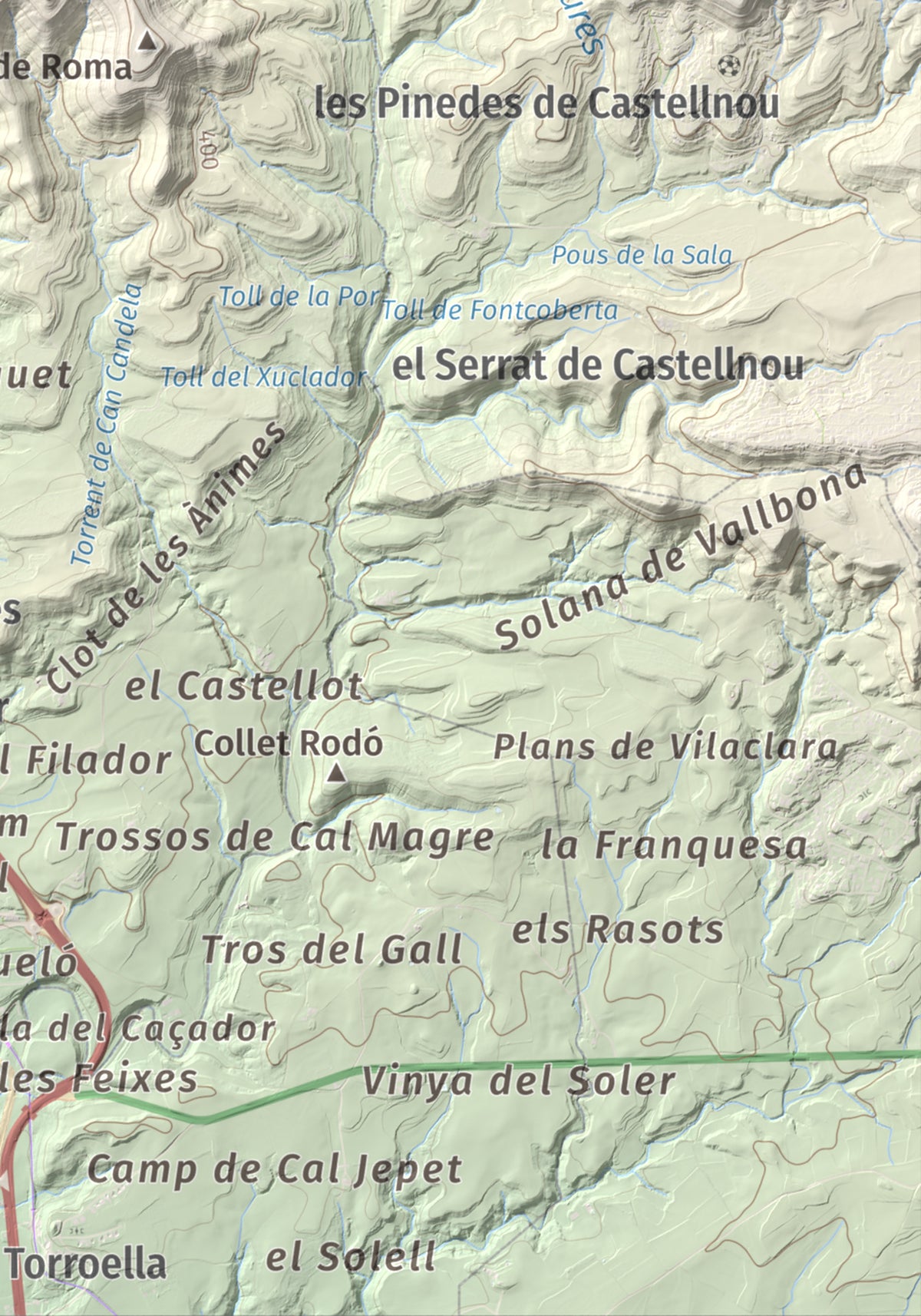 Mapa de relieve de Puig-alter, 522 m, Bages, lámina 100 Cims de Trobart. Detalle de la zona inferior derecha. 21 × 30 cm.