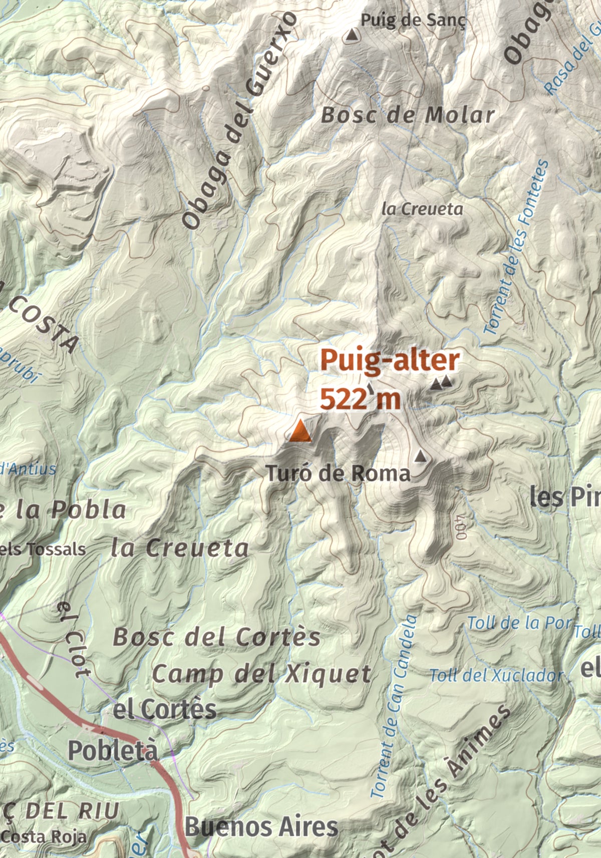 Mapa de relieve de Puig-alter, 522 m, Bages, lámina 100 Cims de Trobart. Detalle de la zona central. 21 × 30 cm.