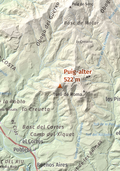 Mapa de relieve de Puig-alter, 522 m, Bages, lámina 100 Cims de Trobart. Detalle de la zona central. 21 × 30 cm.