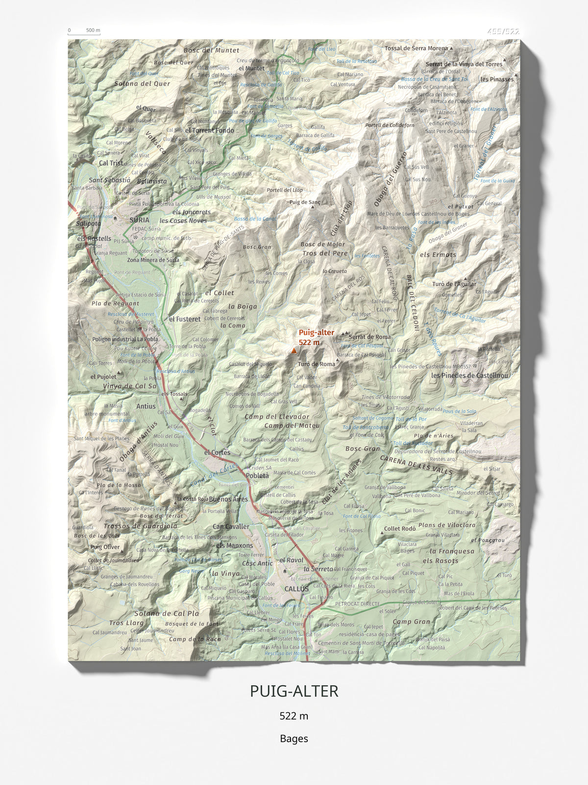 Mapa de relieve de Puig-alter, 522 m, Bages, lámina 100 Cims de Trobart 30 × 40 cm.