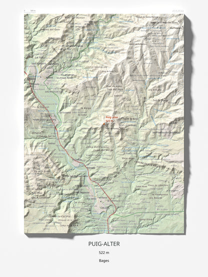 Mapa de relieve de Puig-alter, 522 m, Bages, lámina 100 Cims de Trobart 30 × 40 cm.