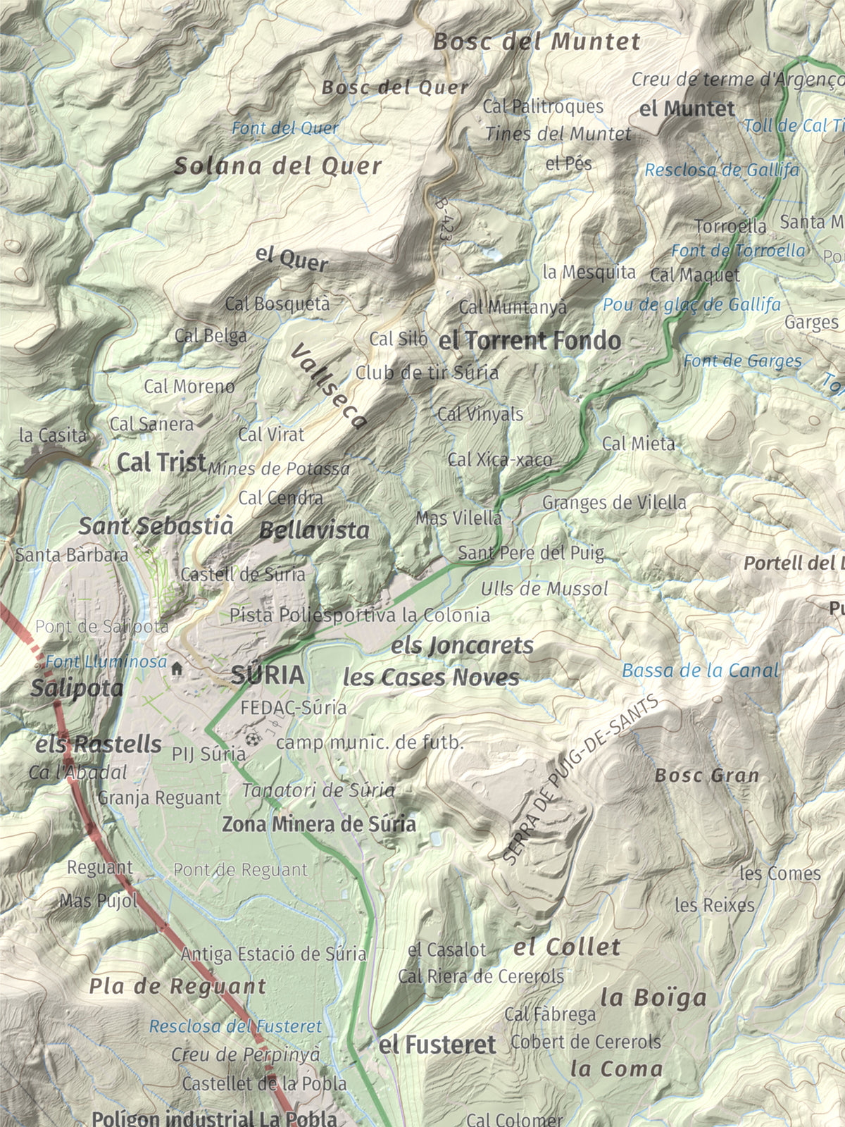 Mapa de relieve de Puig-alter, 522 m, Bages, lámina 100 Cims de Trobart. Detalle de la zona superior izquierda. 30 × 40 cm.