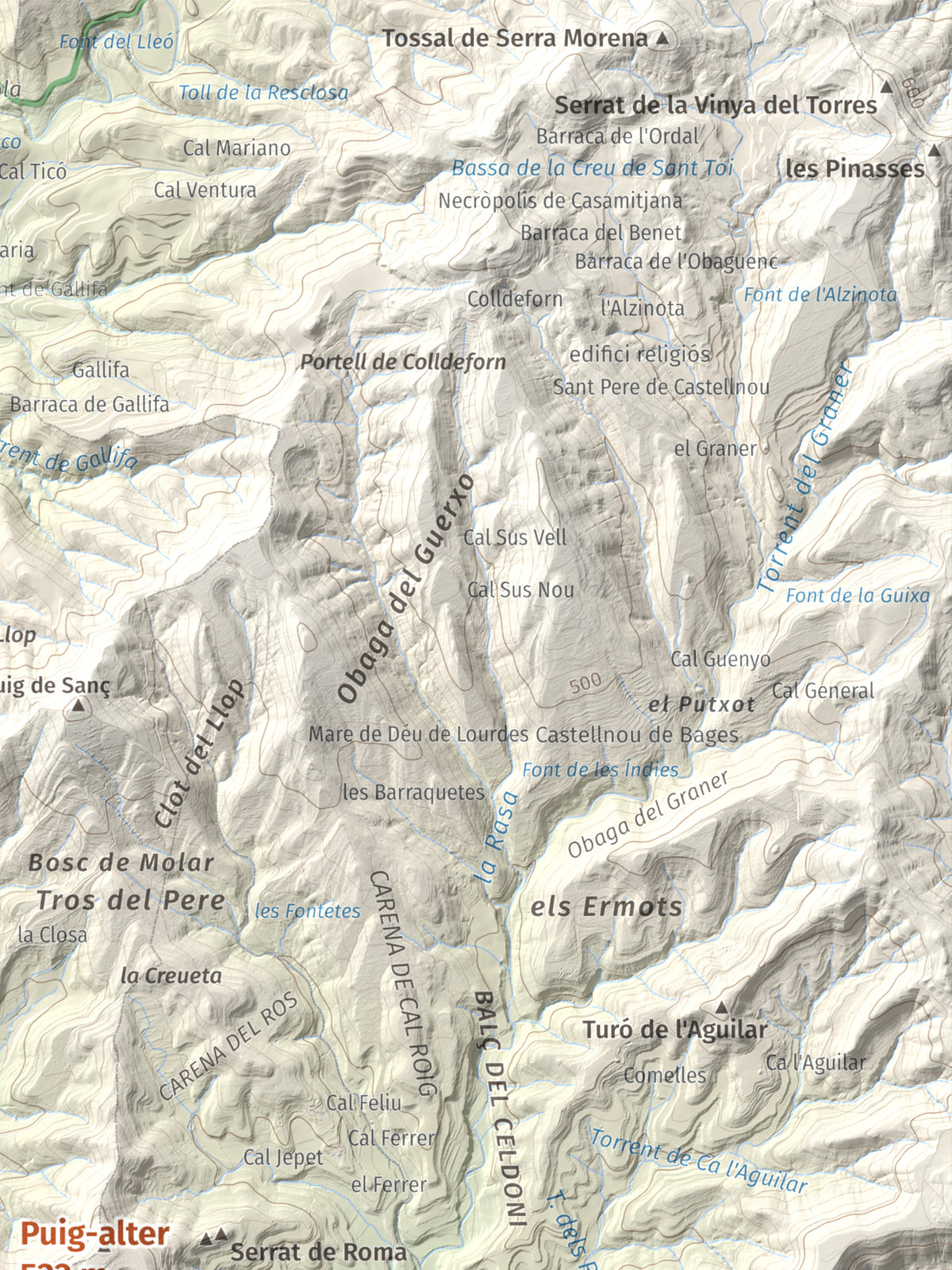 Mapa de relieve de Puig-alter, 522 m, Bages, lámina 100 Cims de Trobart. Detalle de la zona superior derecha. 30 × 40 cm.