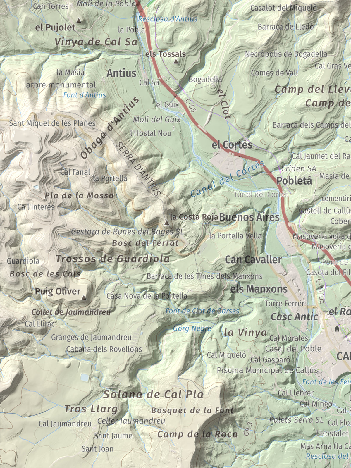 Mapa de relieve de Puig-alter, 522 m, Bages, lámina 100 Cims de Trobart. Detalle de la zona inferior izquierda. 30 × 40 cm.
