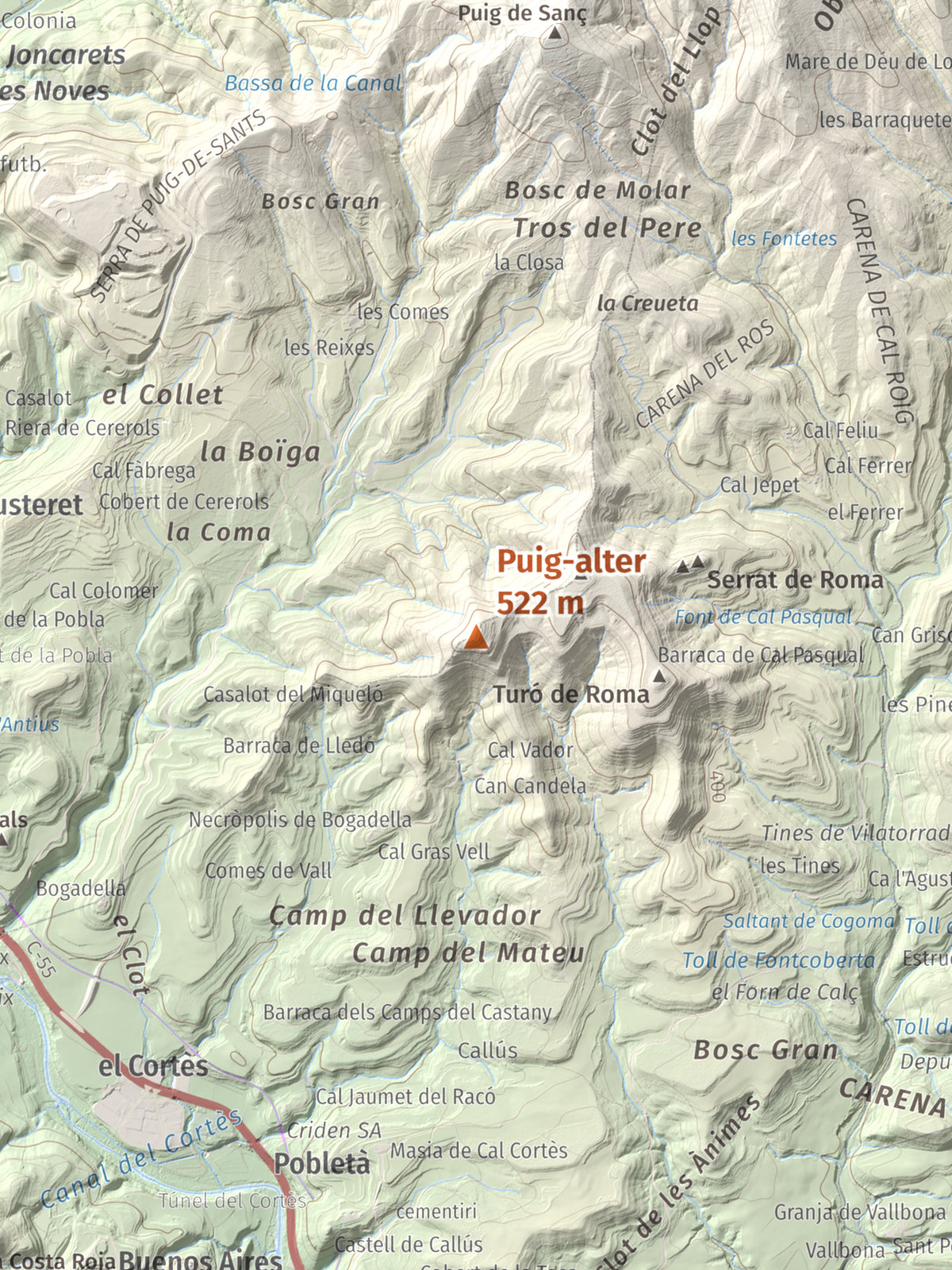 Mapa de relieve de Puig-alter, 522 m, Bages, lámina 100 Cims de Trobart. Detalle de la zona central. 30 × 40 cm.