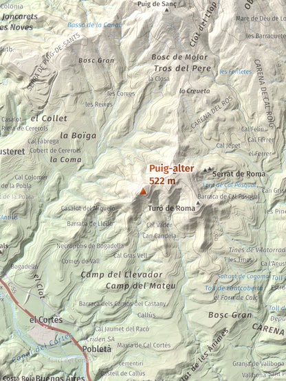 Mapa de relieve de Puig-alter, 522 m, Bages, lámina 100 Cims de Trobart. Detalle de la zona central. 30 × 40 cm.