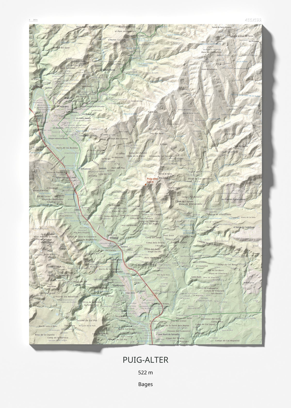 Mapa de relieve de Puig-alter, 522 m, Bages, lámina 100 Cims de Trobart 50 × 70 cm.