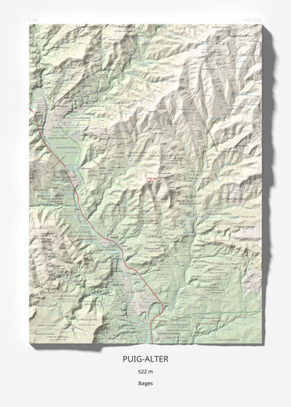 Mapa de relieve de Puig-alter, 522 m, Bages, lámina 100 Cims de Trobart 50 × 70 cm.