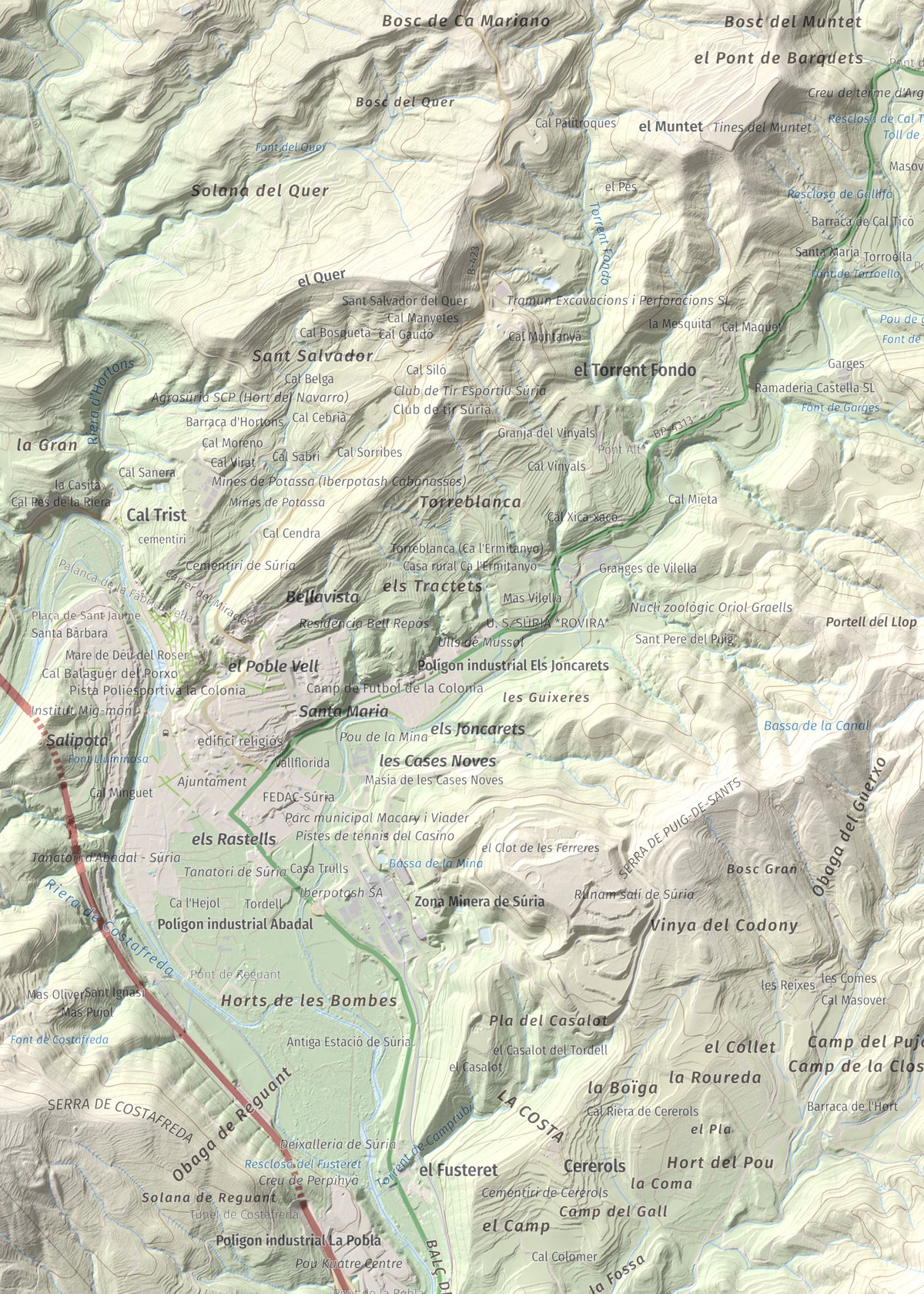 Mapa de relieve de Puig-alter, 522 m, Bages, lámina 100 Cims de Trobart. Detalle de la zona superior izquierda. 50 × 70 cm.