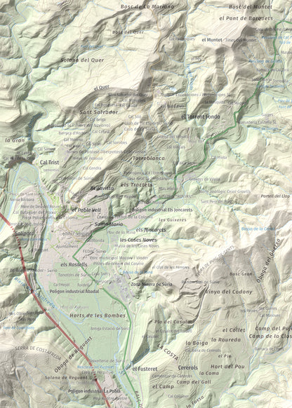 Mapa de relieve de Puig-alter, 522 m, Bages, lámina 100 Cims de Trobart. Detalle de la zona superior izquierda. 50 × 70 cm.