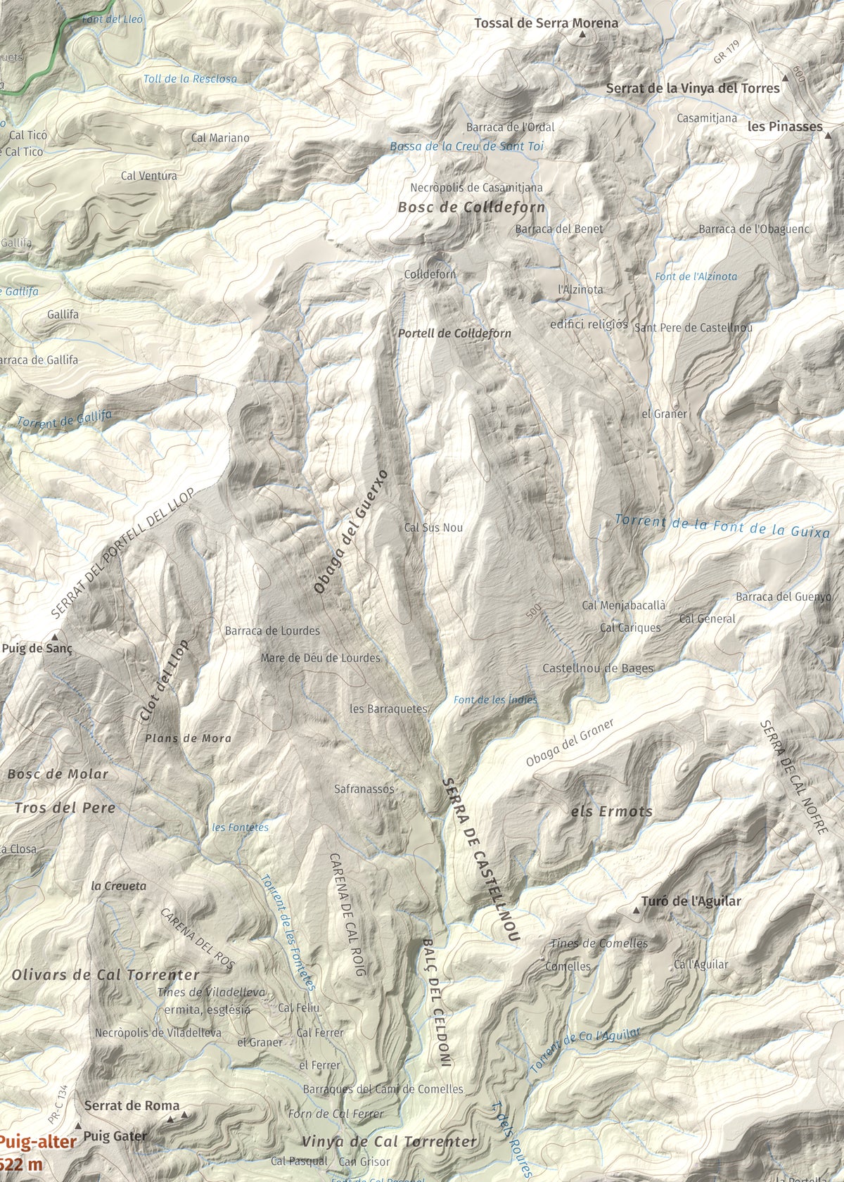 Mapa de relieve de Puig-alter, 522 m, Bages, lámina 100 Cims de Trobart. Detalle de la zona superior derecha. 50 × 70 cm.